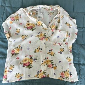 NWT MANGO white button down floral short sleeve top